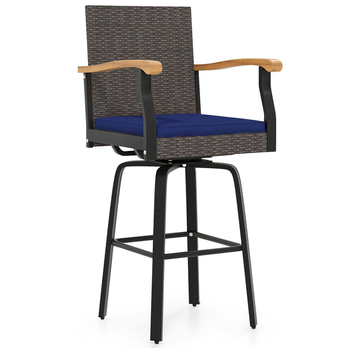 Outdoor 360Â° Swivel Bar Stool with Cushion and Acacia Wood Armrests-F-Navy
