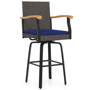 Outdoor 360Â° Swivel Bar Stool with Cushion and Acacia Wood Armrests-F-Navy