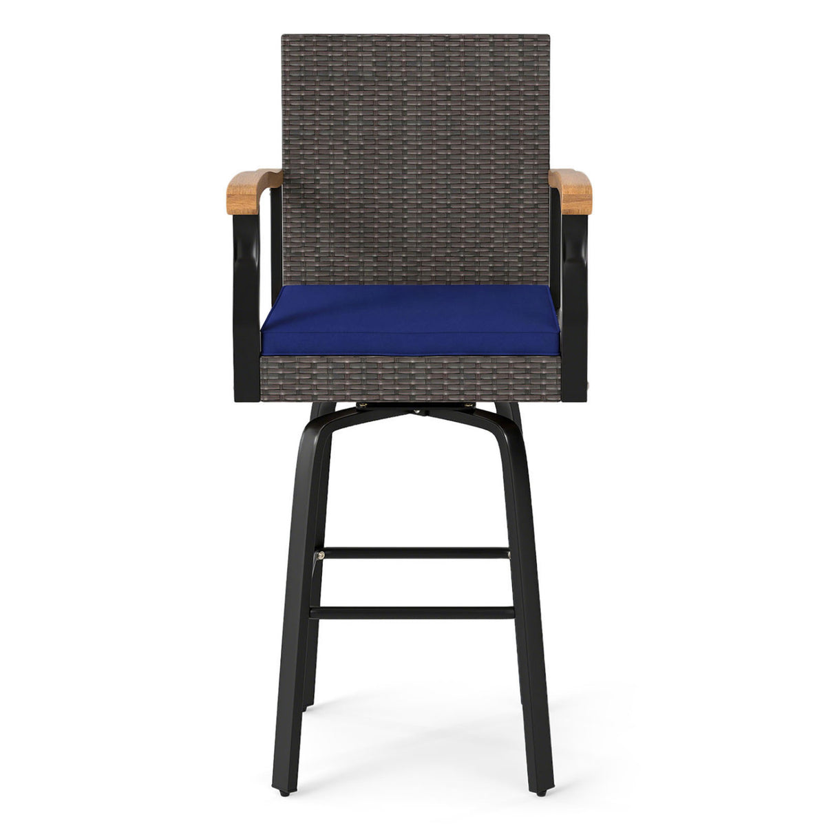 Outdoor 360Â° Swivel Bar Stool with Cushion and Acacia Wood Armrests-F-Navy