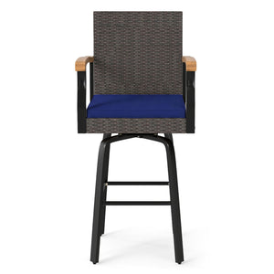 Outdoor 360Â° Swivel Bar Stool with Cushion and Acacia Wood Armrests-F-Navy