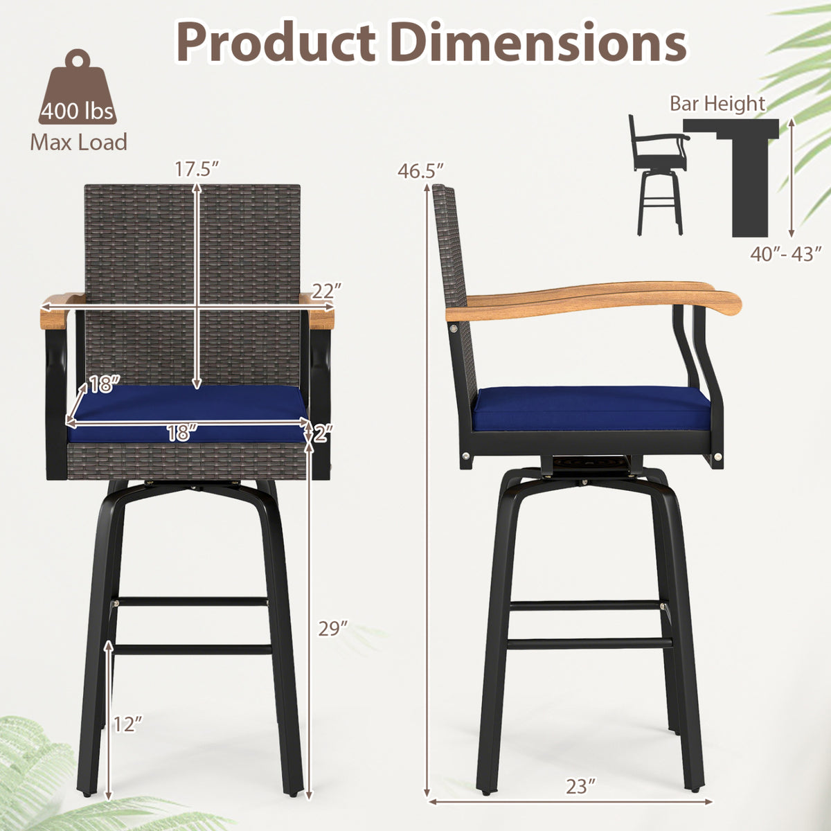 Outdoor 360Â° Swivel Bar Stool with Cushion and Acacia Wood Armrests-F-Navy