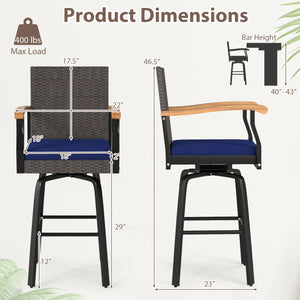 Outdoor 360Â° Swivel Bar Stool with Cushion and Acacia Wood Armrests-F-Navy