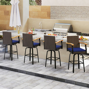 Outdoor 360Â° Swivel Bar Stool with Cushion and Acacia Wood Armrests-F-Navy