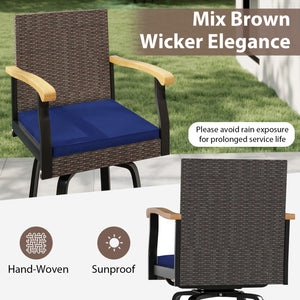 Outdoor 360Â° Swivel Bar Stool with Cushion and Acacia Wood Armrests-F-Navy