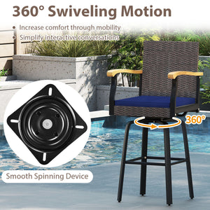 Outdoor 360Â° Swivel Bar Stool with Cushion and Acacia Wood Armrests-F-Navy