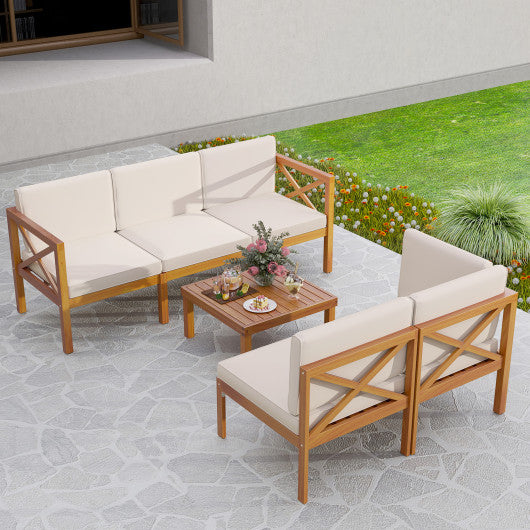 Outdoor 6 Pieces Acacia Wood Patio Sectional Furniture Set-Off White