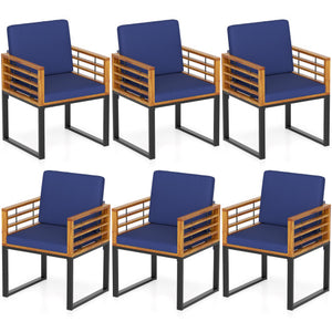 Outdoor Acacia Wood Patio Dining Chairs Set of 6 with Seat Back Cushions-Navy