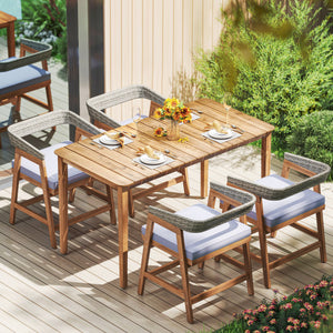 Outdoor Acacia Wood Patio Wicker Dining Chairs Set of 4 with Seat Cushion-Gray