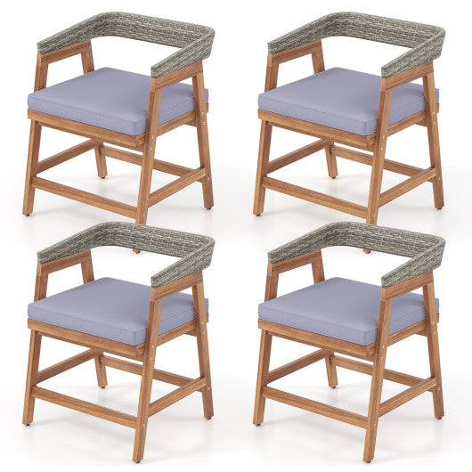 Outdoor Acacia Wood Patio Wicker Dining Chairs Set of 4 with Seat Cushion-Gray