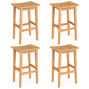 Outdoor Acacia Wood Bar Stools Set of 2 with PE Rattan Seats and Backrests