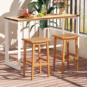 Outdoor Acacia Wood Bar Stools Set of 2 with PE Rattan Seats and Backrests
