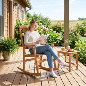 Outdoor Acacia Wood Rocking Chair with High Back and Armrests for Patio-Natural