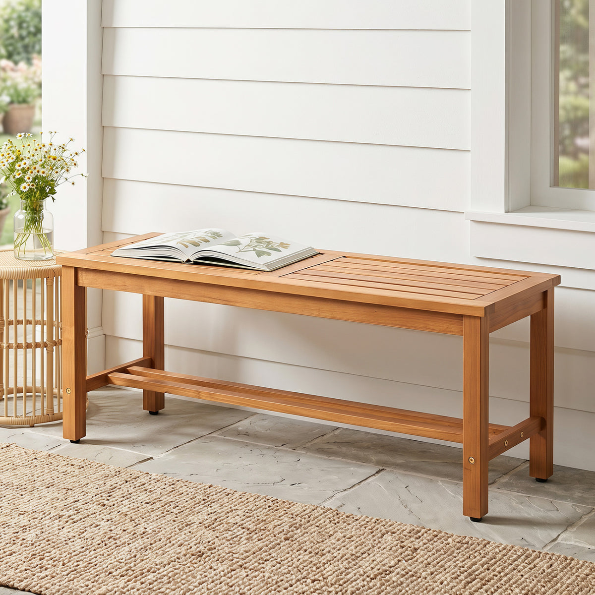 Outdoor Acacia Wood Patio Bench for 2 with Slatted Seat-1 Piece