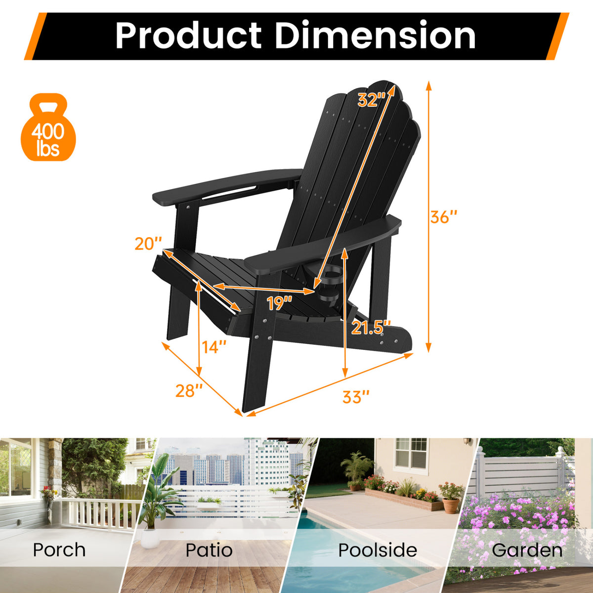 Outdoor Adirondack Chair with Built-in Cup Holder for Backyard Porch-Black