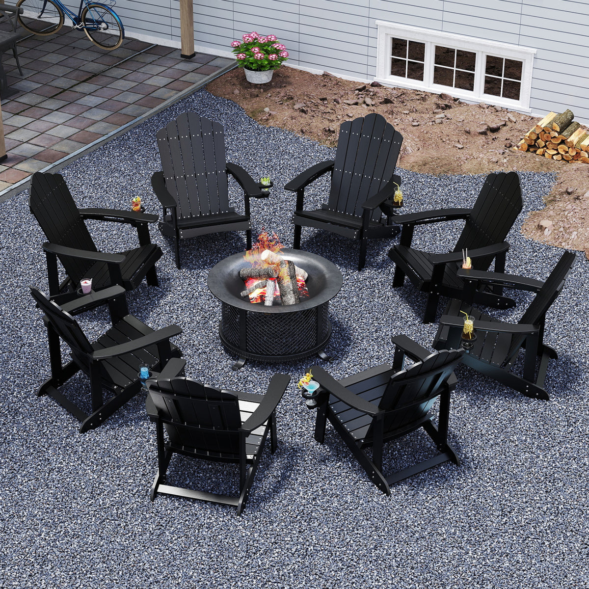 Outdoor Adirondack Chair with Built-in Cup Holder for Backyard Porch-Black