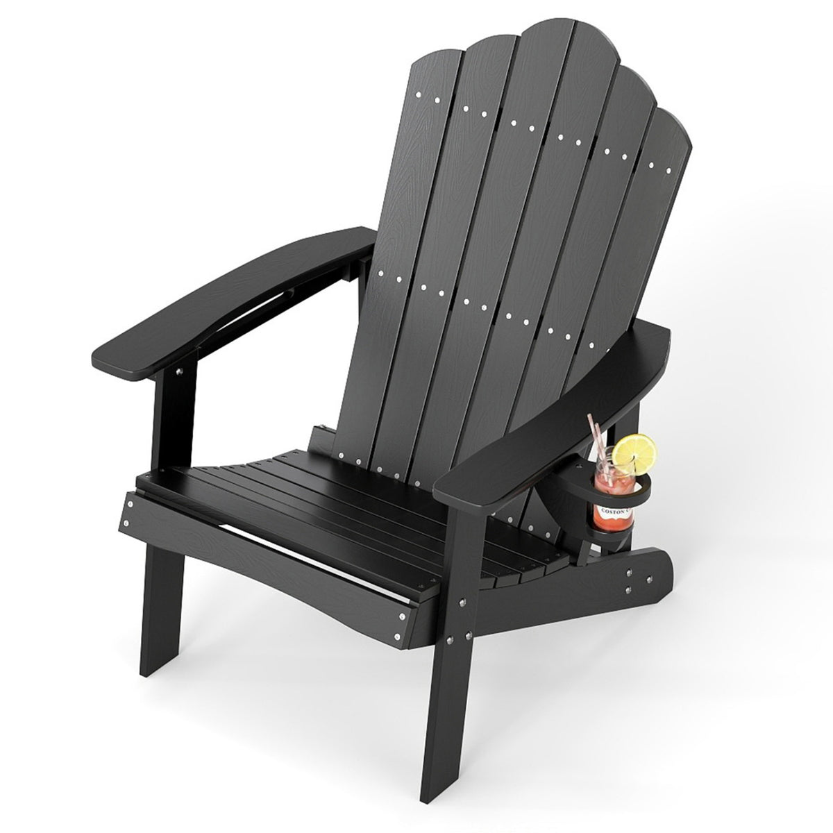 Outdoor Adirondack Chair with Built-in Cup Holder for Backyard Porch-Black
