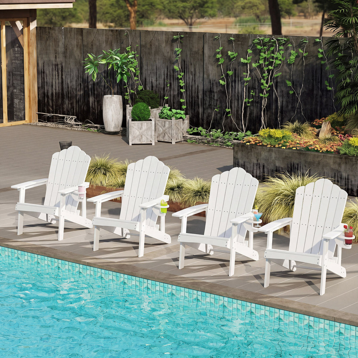 Outdoor Adirondack Chair with Built-in Cup Holder for Backyard Porch-White