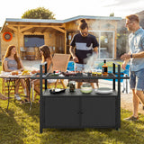 Outdoor Bar Cart Wicker Buffet Serving Cart with Cabinet and 8 Hooks-Black
