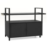 Outdoor Bar Cart Wicker Buffet Serving Cart with Cabinet and 8 Hooks-Black