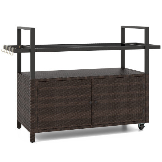 Outdoor Bar Cart Wicker Buffet Serving Cart with Cabinet and 8 Hooks-Brown