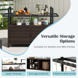 Outdoor Bar Cart Wicker Buffet Serving Cart with Cabinet and 8 Hooks-Brown