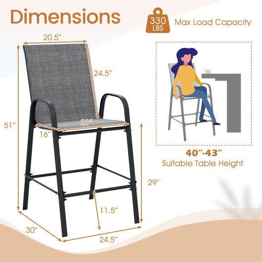Outdoor Bar Stools Set of 2 29 Inch Fabric Bar Height Stools with Armrests-Grey