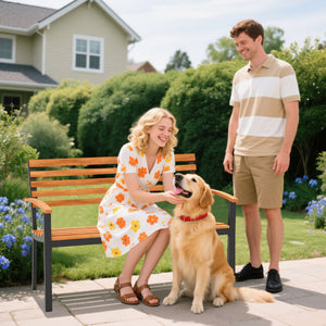 Outdoor Bench Acacia Wood Patio Loveseat with Backrest Armrests