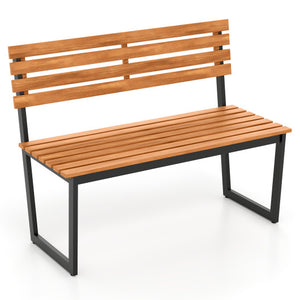 Outdoor Bench Acacia Wood Patio Loveseat with Backrest and Heavy Duty Metal Frame