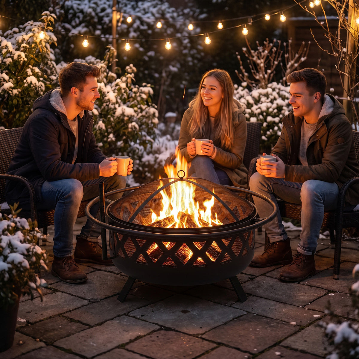 Outdoor Black Fire Pit with Adjustable and Rotatable Grill Grate Breathable Mesh & Outer Ring for BBQ-30 Inches