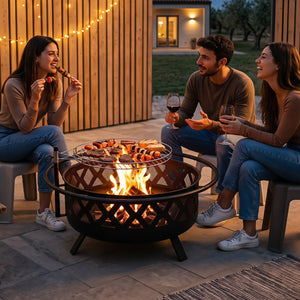 Outdoor Black Fire Pit with Adjustable and Rotatable Grill Grate Breathable Mesh & Outer Ring for BBQ-30 Inches