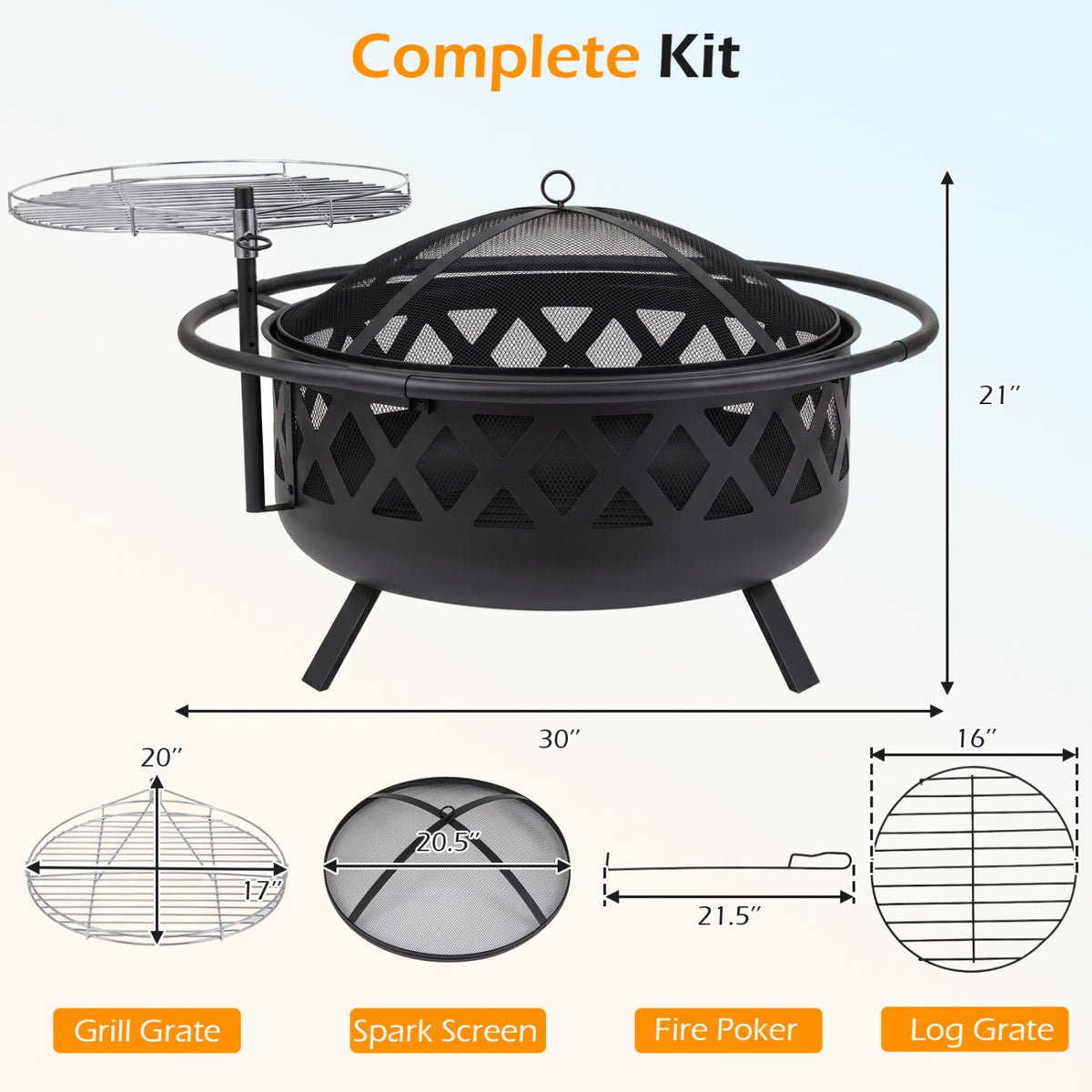 Outdoor Black Fire Pit with Adjustable and Rotatable Grill Grate Breathable Mesh & Outer Ring for BBQ-30 Inches