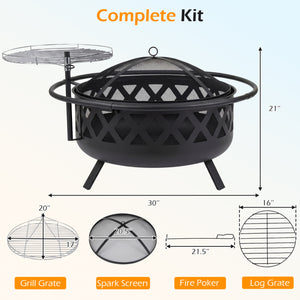 Outdoor Black Fire Pit with Adjustable and Rotatable Grill Grate Breathable Mesh & Outer Ring for BBQ-30 Inches