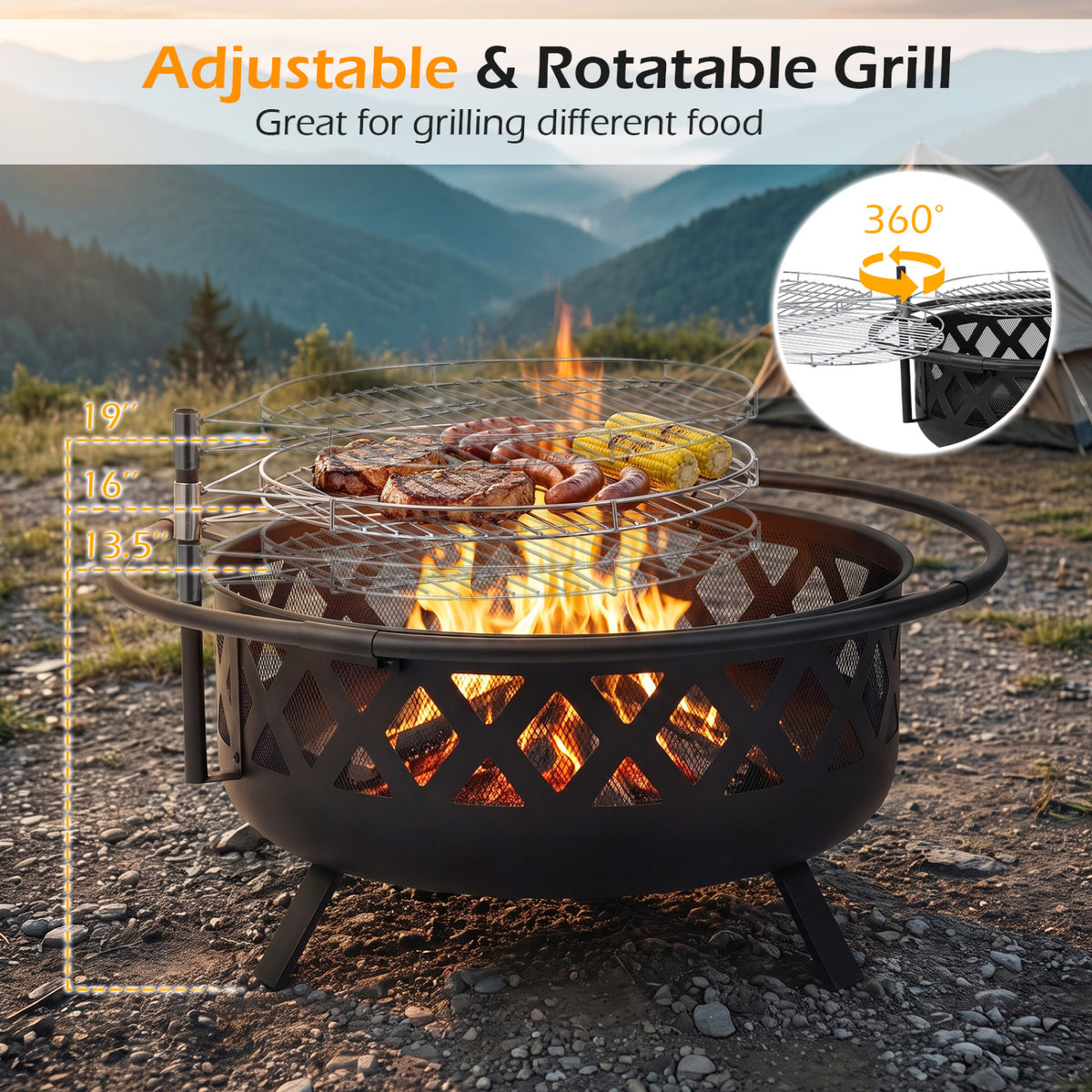 Outdoor Black Fire Pit with Adjustable and Rotatable Grill Grate Breathable Mesh & Outer Ring for BBQ-30 Inches