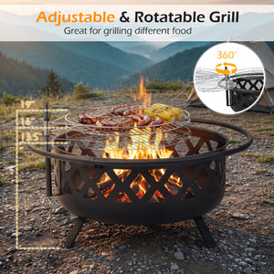 Outdoor Black Fire Pit with Adjustable and Rotatable Grill Grate Breathable Mesh & Outer Ring for BBQ-30 Inches