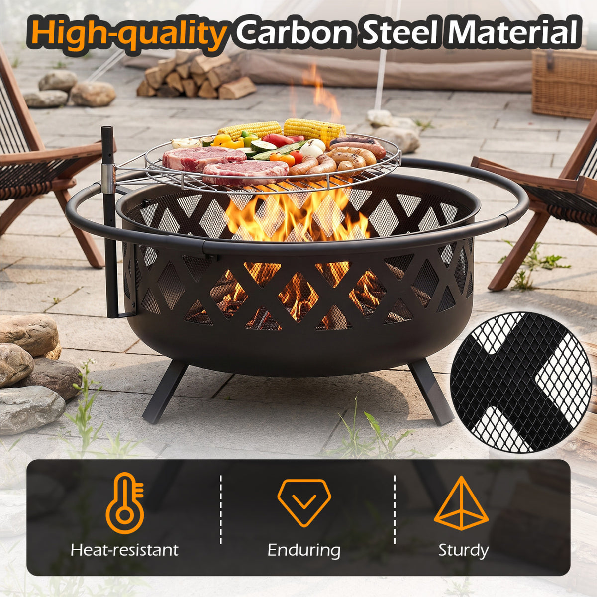Outdoor Black Fire Pit with Adjustable and Rotatable Grill Grate Breathable Mesh & Outer Ring for BBQ-30 Inches