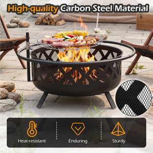 Outdoor Black Fire Pit with Adjustable and Rotatable Grill Grate Breathable Mesh & Outer Ring for BBQ-30 Inches