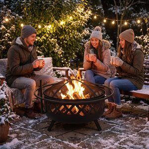 Outdoor Black Fire Pit with Adjustable and Rotatable Grill Grate Breathable Mesh & Outer Ring for BBQ-36 Inches