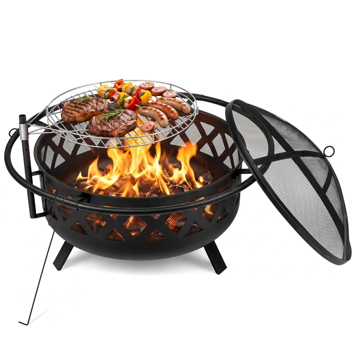 Outdoor Black Fire Pit with Adjustable and Rotatable Grill Grate Breathable Mesh & Outer Ring for BBQ-36 Inches
