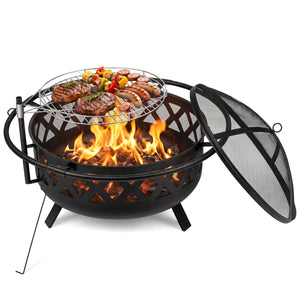 Outdoor Black Fire Pit with Adjustable and Rotatable Grill Grate Breathable Mesh & Outer Ring for BBQ-36 Inches
