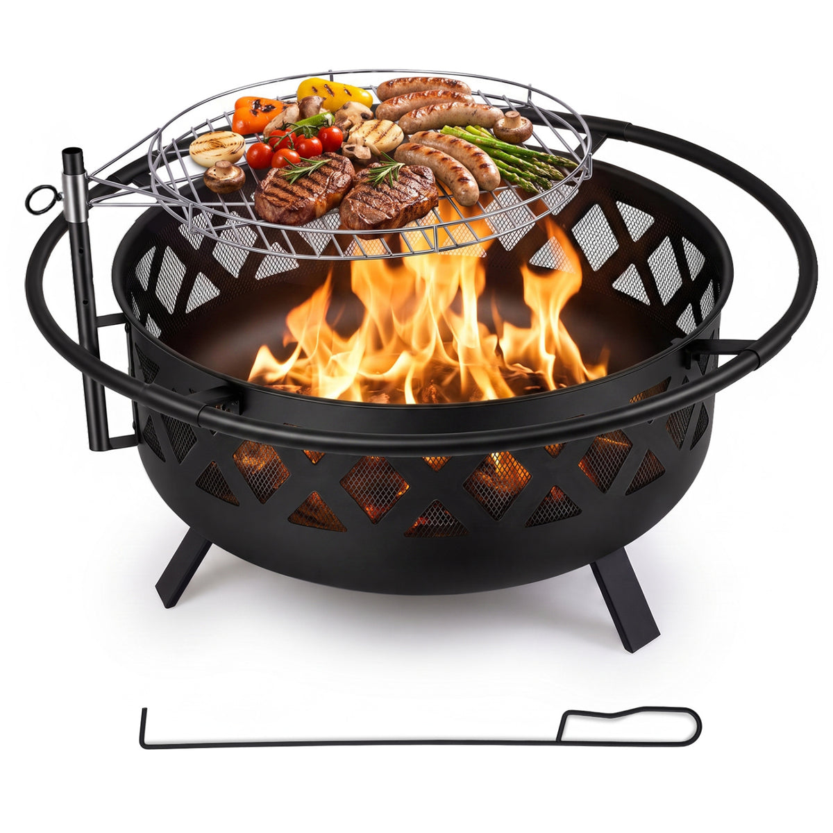 Outdoor Black Fire Pit with Adjustable and Rotatable Grill Grate Breathable Mesh & Outer Ring for BBQ-36 Inches