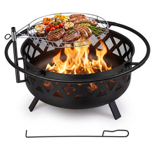 Outdoor Black Fire Pit with Adjustable and Rotatable Grill Grate Breathable Mesh & Outer Ring for BBQ-36 Inches