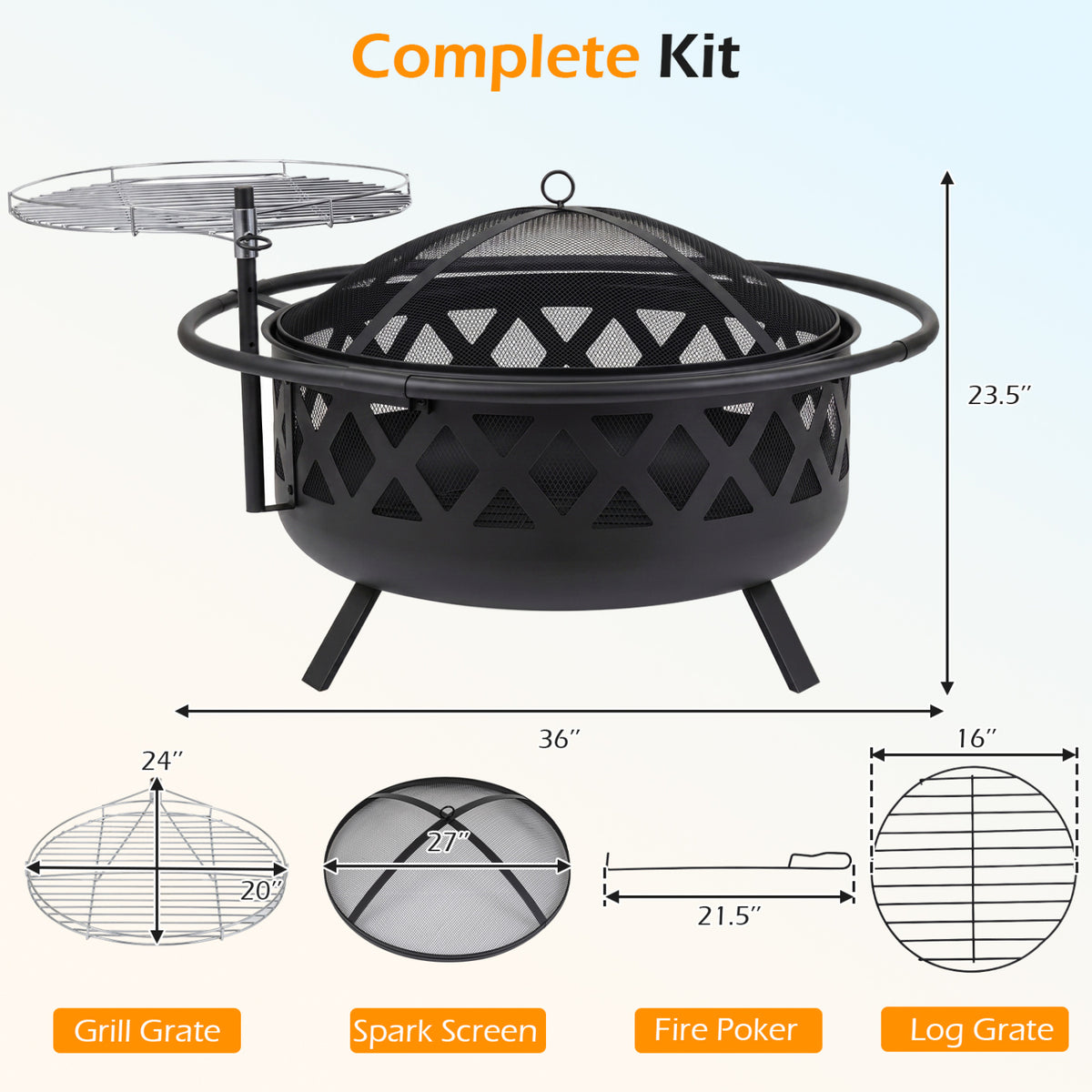 Outdoor Black Fire Pit with Adjustable and Rotatable Grill Grate Breathable Mesh & Outer Ring for BBQ-36 Inches