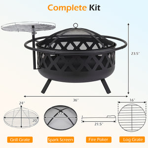 Outdoor Black Fire Pit with Adjustable and Rotatable Grill Grate Breathable Mesh & Outer Ring for BBQ-36 Inches