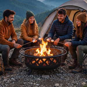 Outdoor Black Fire Pit with Adjustable and Rotatable Grill Grate Breathable Mesh & Outer Ring for BBQ-36 Inches