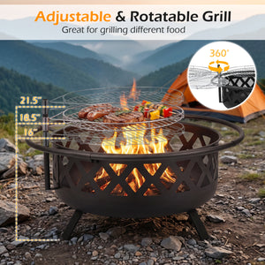 Outdoor Black Fire Pit with Adjustable and Rotatable Grill Grate Breathable Mesh & Outer Ring for BBQ-36 Inches