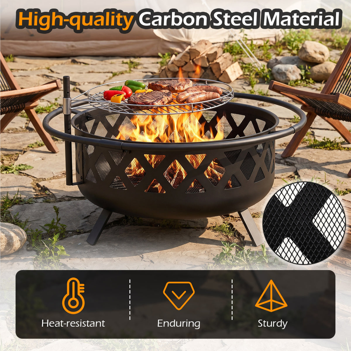 Outdoor Black Fire Pit with Adjustable and Rotatable Grill Grate Breathable Mesh & Outer Ring for BBQ-36 Inches