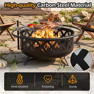 Outdoor Black Fire Pit with Adjustable and Rotatable Grill Grate Breathable Mesh & Outer Ring for BBQ-36 Inches