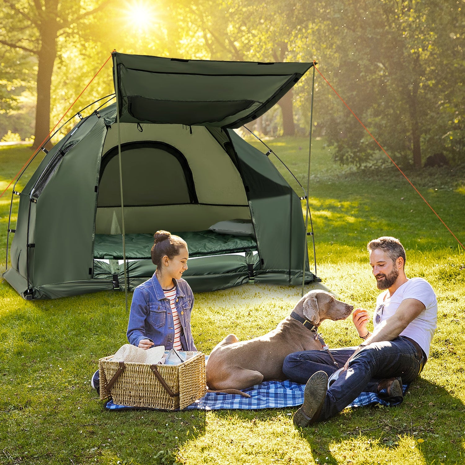 1-Person Folding Camping Tent with Sunshade and Air Mattress by DirectDeals