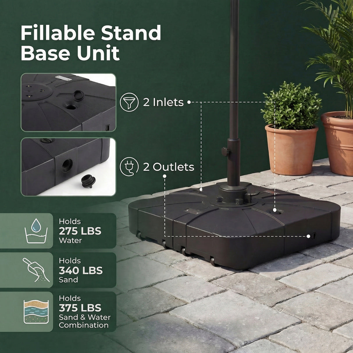 Outdoor Cantilever Umbrella Base Square Water and Sand Fillable Base-34 Inches