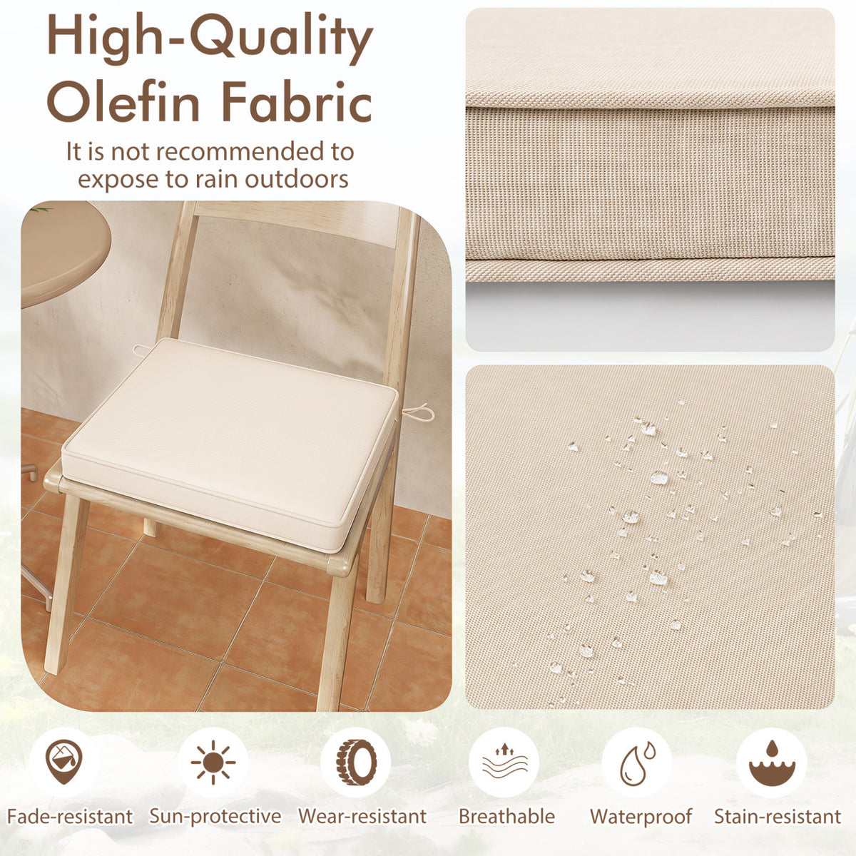 Outdoor Chair Cushion Set of 2 Waterproof Fade-Resistant Olefin Seat Cushions-Beige